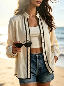 LUMIGAL Women's Elegant Casual Daily Colorblock V-Neck Button-Up Long Sleeve Loose Textured Regular Fit Thin Jacket - Multicolor - View 6
