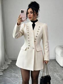 LUMIGAL Women's WoolBlend MidLength Coat, Stand Collar, Puff Long Sleeves, Military Braided Embroidery, Gold Tone Metal Buttons, Fall Winter Party & Work Ov - Apricot - View 6