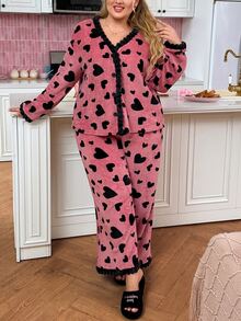 Slumberry CURVE طقم بيجامة مريح من الفرو الناعم بمقاس كبير مع جيب قلب وأزرار وتصميم ألوان متباينة حلو - وردي - مشاهدة 6