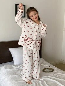 DAZY Girls (Large) Lapel Long Sleeve Cherry Pattern Top + Straight Leg Pants Casual 2 Pieces Set - White - View 4
