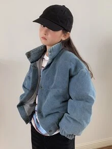 Dazy Kids Girls' Loose Fit Collared Long Sleeve Thick Denim Jacket Coat, Autumn/Winter, Cotton Padded, Size Large - Blue - View 4