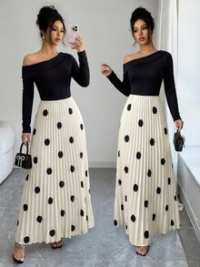 Elenzga Gaun Lengan Panjang Wanita Elegan dengan Bahu Asimetris dan Motif Polkadot Patchwork - Hitam dan Putih - View 1