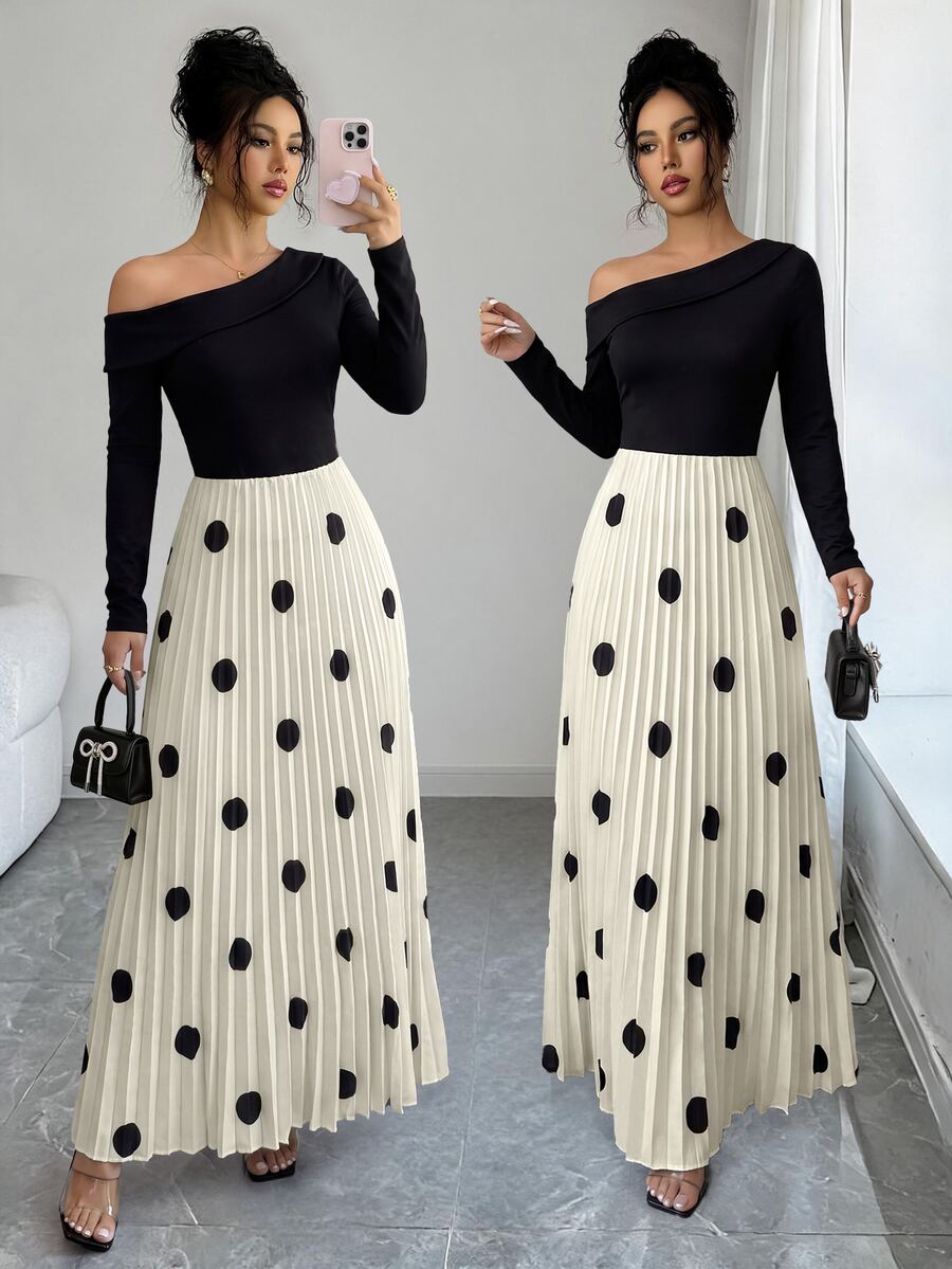 Elenzga Gaun Lengan Panjang Wanita Elegan dengan Bahu Asimetris dan Motif Polkadot Patchwork - Hitam dan Putih - View 1