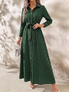 SHEIN Clasi 女款波點長袖休閒襯衫洋裝 - 墨綠色 - 查看 12