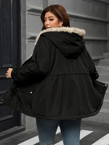 Reflora Women Plus Size Patchwork Faux Fur Hooded Cinched Waist Padded Coat - Black - View 2