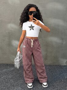 Summer For Tween Girls Kids Streetwear Basic Plaid Wide Leg Pants City Break Red And White Checkered Casual Streetwear Pants - Burgundy - View 4