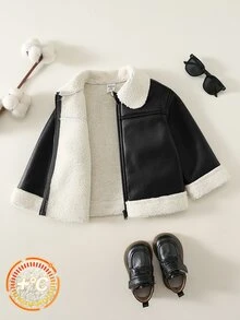 SHEIN 男嬰加厚保暖內裡長袖翻領夾克冬季外套，百搭舒適 - 黑色 - 查看 4