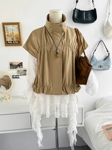 Soleia Autumn/Winter Zipper Pleated Vest Sleeveless Jacket - Beige - View 7