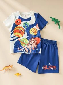 Blippi X SHEIN Young Boy Round Neck Short Sleeve Top And Shorts Loungewear - Blue - View 1