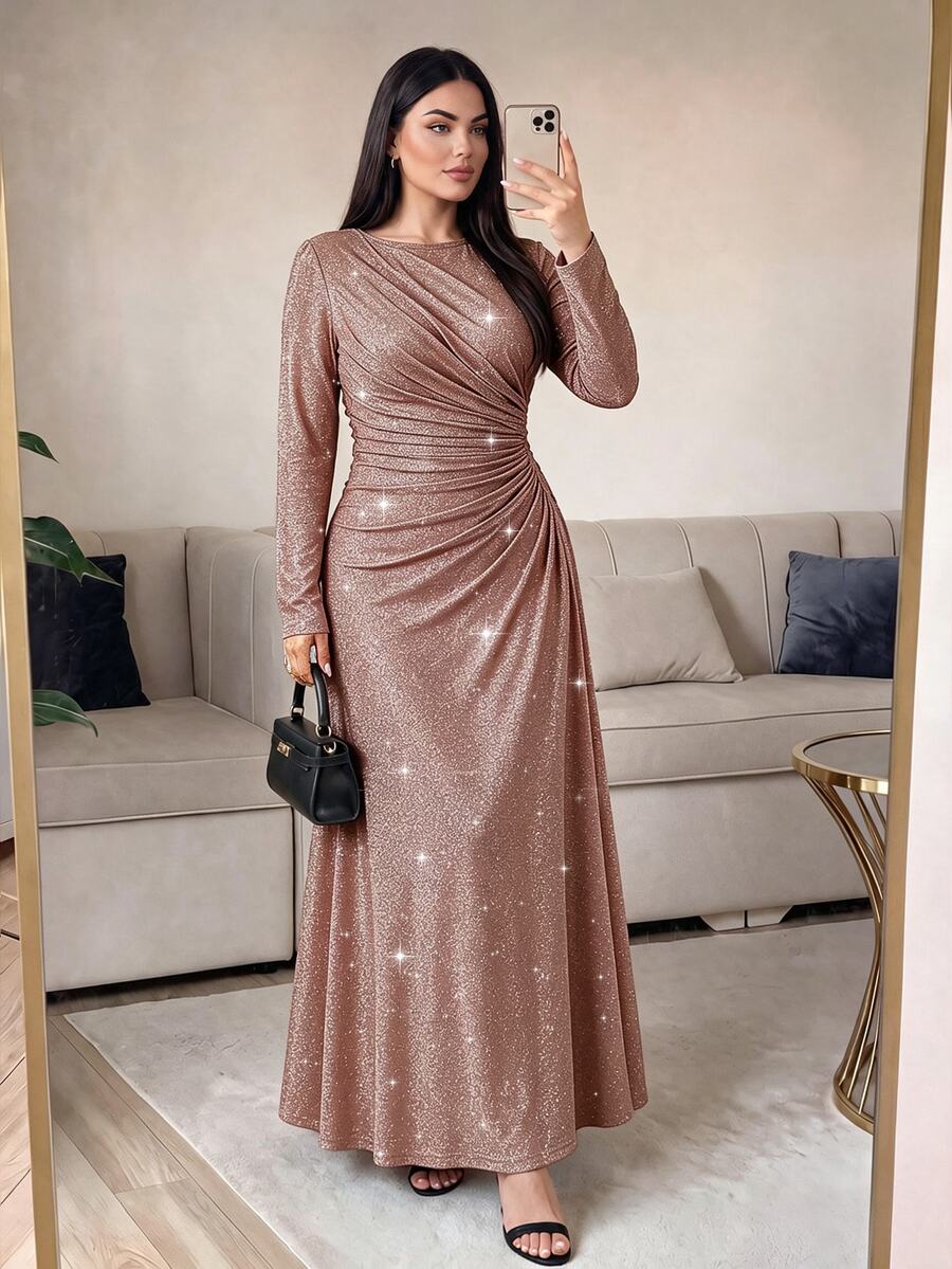 SHEIN Lady Plus Size Women's Shiny Pleated Elegant Waist-Cinched Party Dress - Brown - View 1