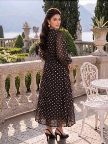 Dripcurv Plus Size Women Polka Dot Casual Party Summer Dress - Brown - View 2