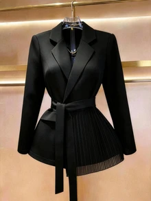 GlowEve CURVE Cardel 法式街頭風優雅繫帶領修身雪紡拼接設計多功能通勤女款外套，顯瘦時尚百褶拼接設計女式外套 - 黑色 - 查看 1