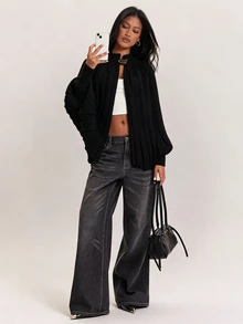 SHEIN BAE 女款純色立領時尚披肩長袖針織衫 - 黑色 - 查看 1