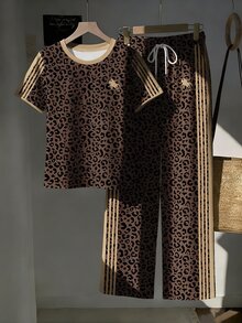 SHEIN EZwear 2pcs/Set Embroidered Round Neck Short Sleeve Top And Striped Print Pants, Casual - Multicolor - View 7