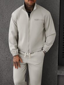 Manfinity Homme طقم رياضي بأسلوب الشارع الأمريكي، جاكيت بياقة واقفة برباط وسروال كاجوال واسع الساق ثقيل الوزن، مناسب لهدايا عيد الهالوين والكريسماس ورأس السنة - رمادي - مشاهدة 6