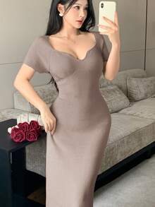 Modelyn Women's Solid Color Short Sleeve Cutout Square Neck Fitted Fashion Knit Dress - Khaki - View 1