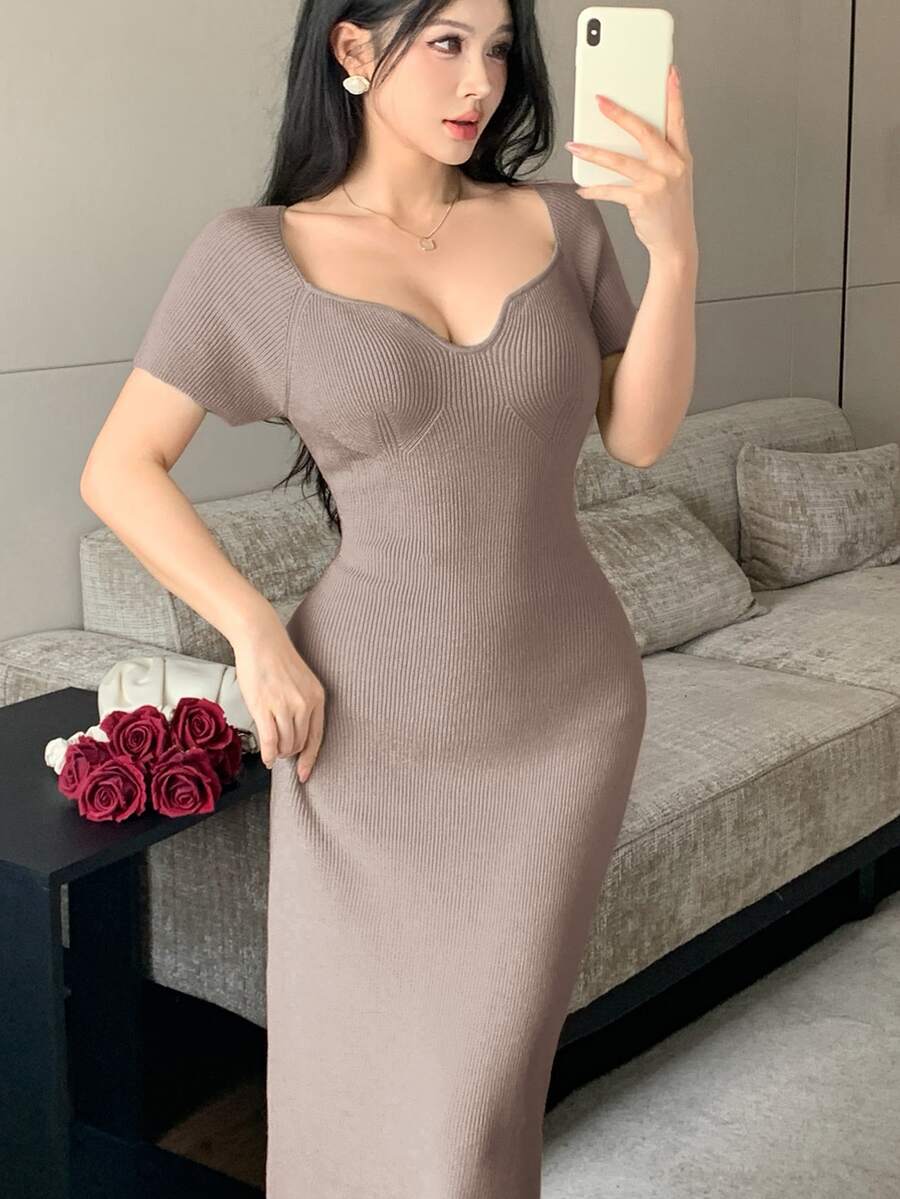 Modelyn Women's Solid Color Short Sleeve Cutout Square Neck Fitted Fashion Knit Dress - Khaki - View 1