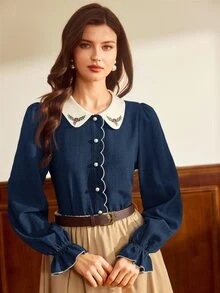 Vintamour 女款花卉圖案撞色休閒日常長袖襯衫 - 藏蓝色 - 查看 4