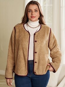 EMERY ROSE Women's Plus Size Colorblock Short Plush Jacket Autumn Clothes For Women Winter Clothes Fall Winter 2026 Color-Blocked Plush Coat - Khaki - View 3