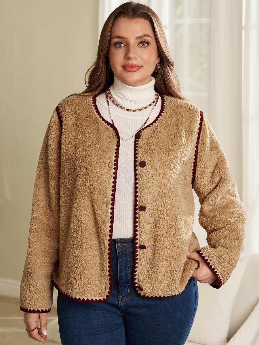 Rosumi Women's Plus Size Colorblock Short Plush Jacket Autumn Clothes For Women Winter Clothes Fall Winter 2026 Color-Blocked Plush Coat Winter Clothes - Khaki - View 1