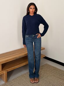 SHEIN Glamour Women's Solid Color Casual Versatile Daily Wear Knit Top - Navy Blue - View 4