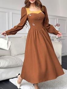 Feyla Women's Floral Embroidered Pleated Casual Party Summer Midi Dress - Brown - View 7