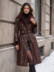 SHEIN Clasi 女款純色PU皮革時尚百搭日常休閒風衣外套 80年代風格冬季女裝外套 - 酒紅色 - 查看 6