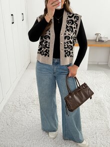 Shapeblank Women's Plus-Size Autumn/Winter Fashionable, Casual, Loose, And Comfortable Leopard Print Sweater Vest Cardigan,Fall Outfits,Going Out Tops - Brown - View 5