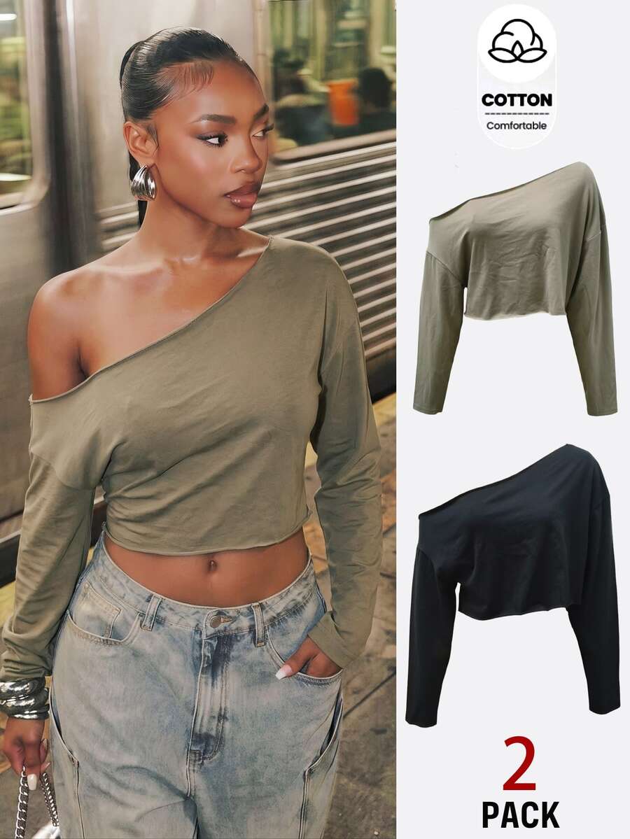 Flirla Women's Solid Color Asymmetric Shoulder Casual Streetwear Daily T-Shirt 2pcs/Set Everyday Olive Green Black Fall - Multicolor - View 1
