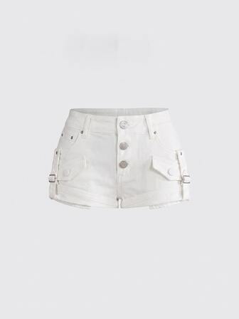 Y2K Vintage Style Women's Low Waist Denim Shorts With Button Decor, Versatile Hot Girl Style