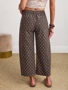 SHEIN PETITE 女款時尚提花鈕扣口袋牛仔短褲 - 咖啡棕 - 查看 2