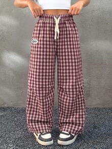 Summer For Tween Girls Kids Streetwear Basic Plaid Wide Leg Pants City Break Red And White Checkered Casual Streetwear Pants - Burgundy - View 1