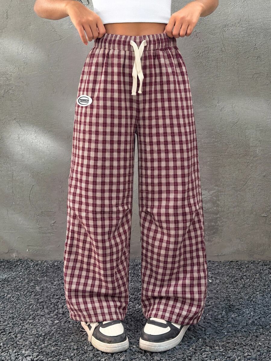 Summer For Tween Girls Kids Streetwear Basic Plaid Wide Leg Pants City Break Red And White Checkered Casual Streetwear Pants - Burgundy - View 1