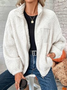 SHEIN LUNE 秋季落肩拉鍊泰迪夾克，休閒極簡日常旅行米白色 - 白色 - 查看 5