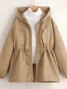 SHEIN 少女款寬鬆休閒連帽極簡純色收腰長袖百搭風衣 - 杏色 - 查看 8