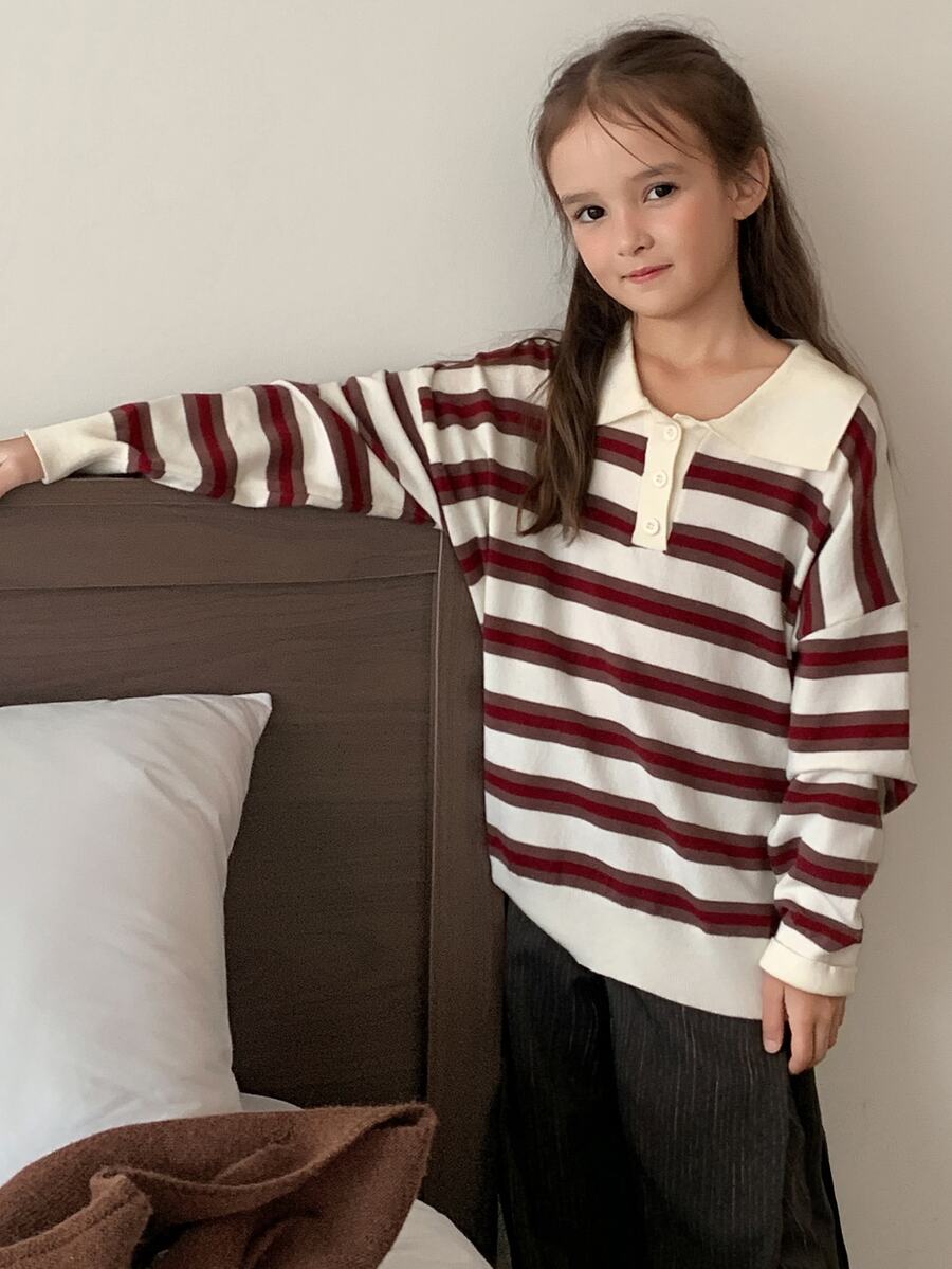 DAZY Tween Girl) Loose Fit Collared Striped Casual Straight Leg Long Sleeve Contrast Color Sweater, Autumn/Winter - Apricot - View 1