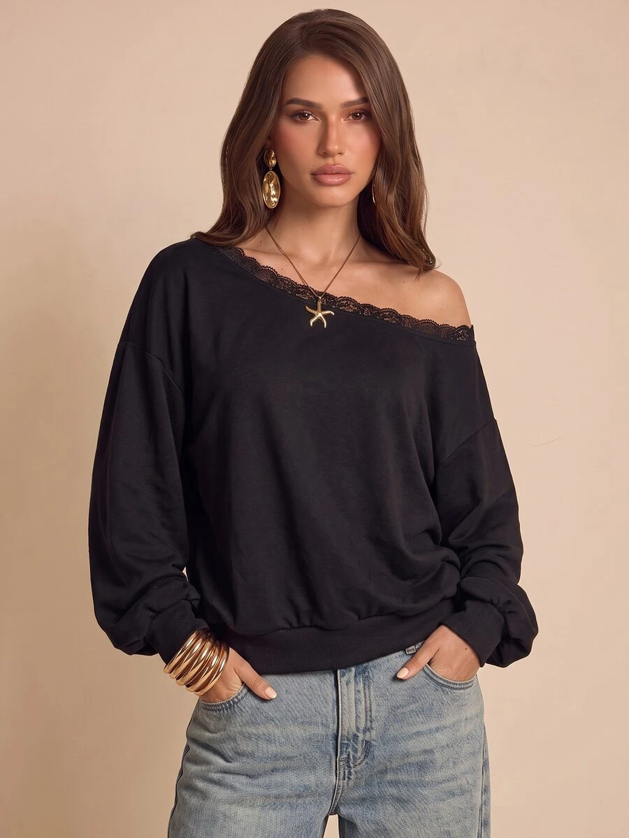 Bluhae 春秋款黑色蕾絲飾邊露肩衛衣女式 羅紋袖口燈籠長袖 寬肩露肩上衣 約會逛街 純欲風 柔軟休閒打底衫 - 黑色 - 查看 1