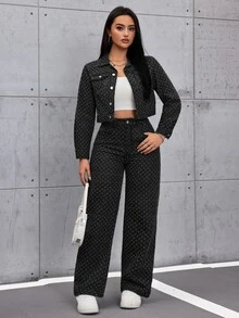 SHEIN ICON 女款 Old Money 風格無彈力休閒直筒寬腿牛仔褲 - 黑色 - 查看 8