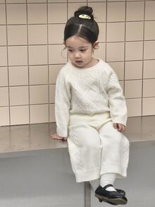DAZY Infant (Girl) Round Neck Solid Color Casual Long Sleeve Korean Style 2 Pieces Sweater Set - Khaki - View 6