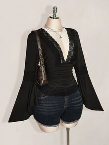 SHEIN ICON Women Plus Size Deep V Neck Lace Patchwork Casual Daily Wear Blouse Fall - Black - View 1