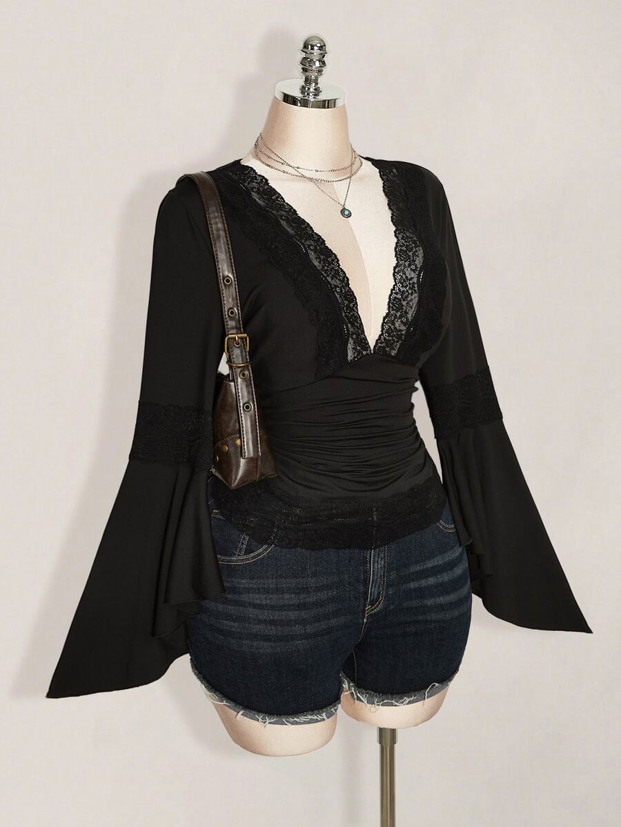 SHEIN ICON Women Plus Size Deep V Neck Lace Patchwork Casual Daily Wear Blouse Fall - Black - View 1