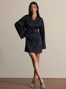 COSMINA V-Neck Long Sleeve Flare Sleeve With Belt Black Elegant Fall Women's Mini Dress Cocktail Night Out - Black - View 3