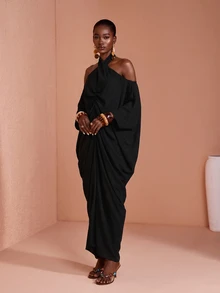 JIAN LASALA Black Chiffon Bat Sleeve Off Shoulder Halter Neck Long Dress - Black - View 3