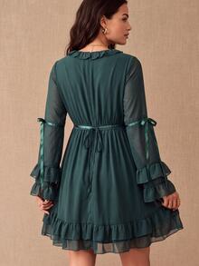 CielaLinda Gaun Mini Boho Biru Tosca Wanita, Gaun Chiffon Lengan Panjang dengan Pita, Gaun Lengan Berenda dan Ruffle - Teal Blue - View 2