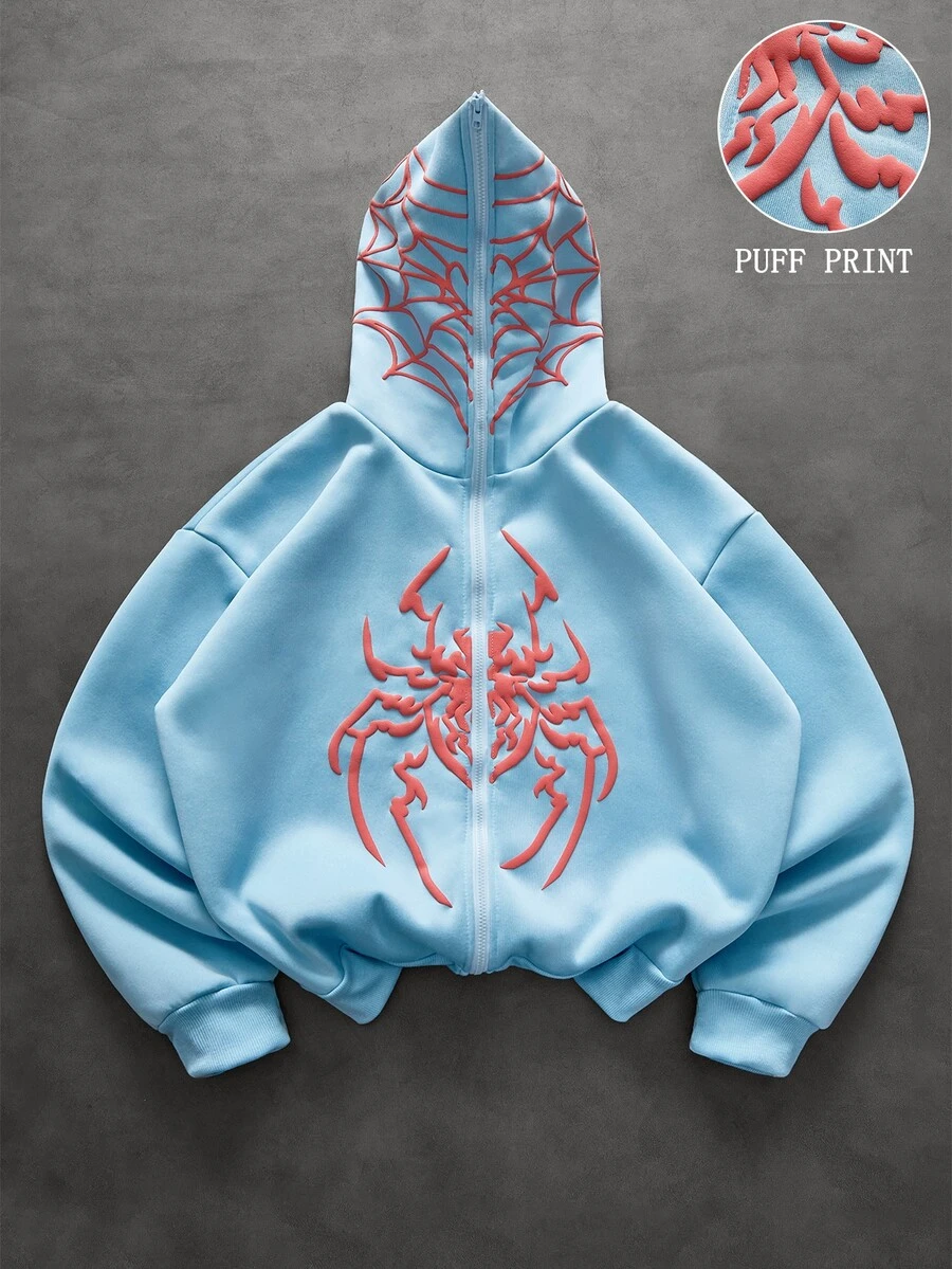 PAVTROS Men's Streetwear Spider Web Towel Embroidery Pattern Boyfriend Husband Anniversary Gift Sweatshirt Hoodie - Baby Blue - View 1