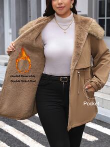 Comfylo Plus Size Women's Fur Collar Zipper Pocket Design Winter Jacket - Brown - View 8
