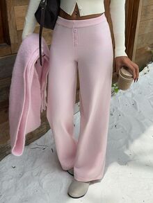 CovetEZ Women's Solid Color Casual Daily Wear Knitted Long Pants - Pink - View 3