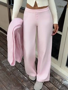 CovetEZ Women's Solid Color Casual Daily Wear Knitted Long Pants - Pink - View 4