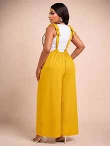 Brilight Women Wide Leg Jumpsuit, Bowknot Spaghetti Strap Backless Ruched Satin Romper, Vacation Outfit For Holiday Garden Party Mustard Yellow Summer - Mustard Yellow - View 3