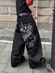 STEELVANCE 街頭風復古時尚百搭水洗做舊鉚釘刺繡設計寬鬆直筒休閒牛仔褲 - 黑色 - 查看 5